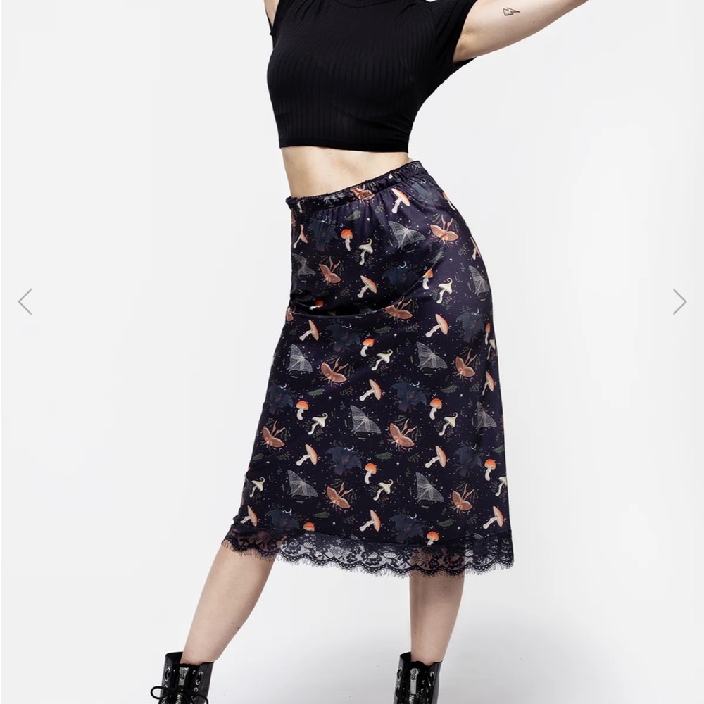 Disturbia Brand Medeina Print Satin Lace Trim Midi Skirt